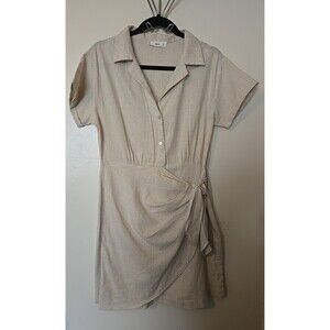 MNG Women's Size 6 Beige Cotton-Linen Blend Short Sleeve Shirt Dress Mini Mango